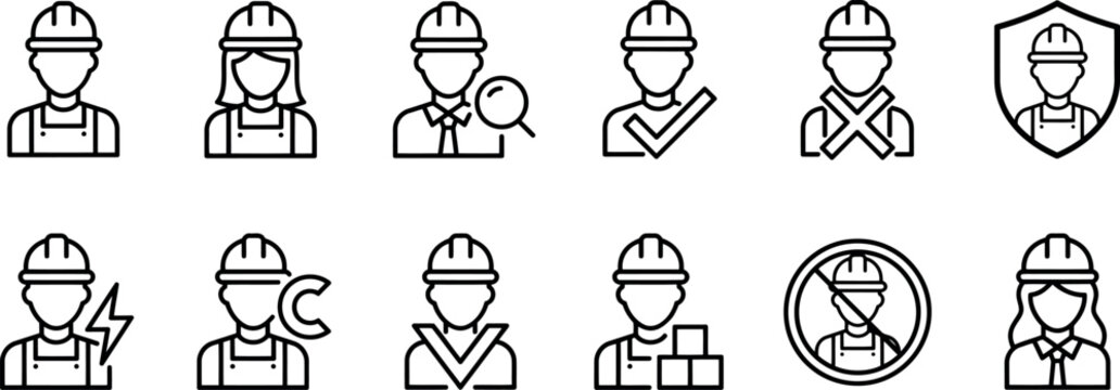 Construction worker engineer safety and inspection line icon set