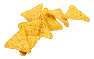 Fototapeta premium Delicious triangular tortilla chips flying through air, isolated on transparent cutout background