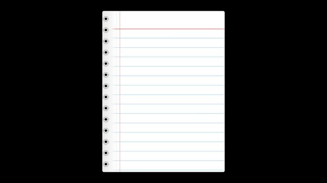 Blank lined notebook paper sheet with spiral binding holes on black background