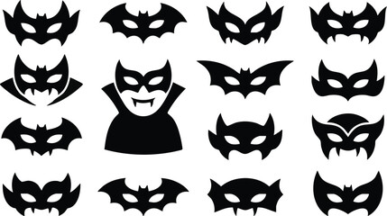 Fototapeta premium Collection of black silhouettes of bat shaped masks and vampire faces, isolated on a white background, halloween costume accessory