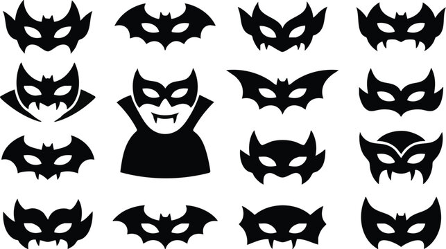 Collection of black silhouettes of bat shaped masks and vampire faces, isolated on a white background, halloween costume accessory