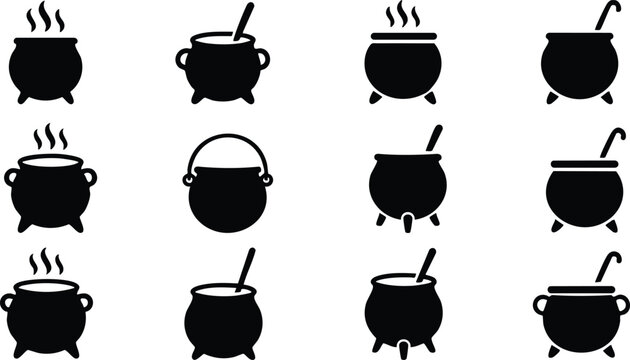 Collection of black silhouettes of witch cauldrons with ladles and rising steam, isolated on a white background, halloween