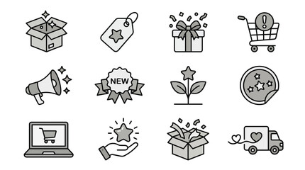 Fototapeta premium Shopping Icons Set: New Arrivals, Gifts, Delivery, Online Store, Promotions