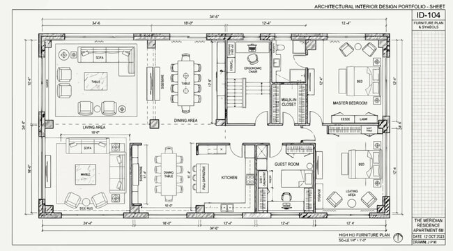 Architectural floor plan for a luxury residential apartment with multiple rooms and furniture layout
