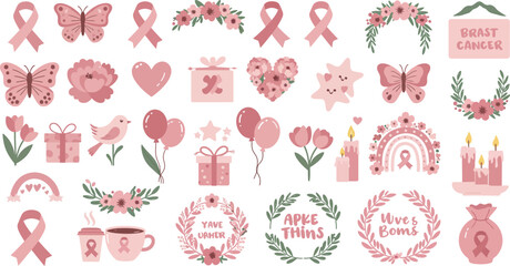 Fototapeta premium A collection of pink breast cancer awareness design elements featuring ribbons butterflies flowers hearts balloons and inspirational quotes on white background