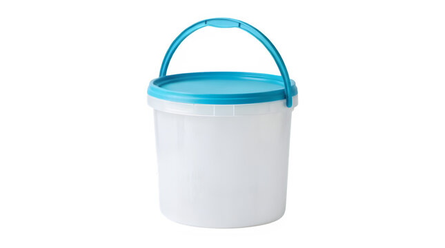 Plastic storage bucket with a cyan blue lid and matching carrying handle isolated on transparent background 