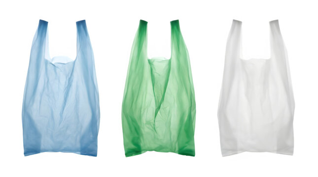 Blue, green and white wrinkled plastic disposable bags on transparent background 