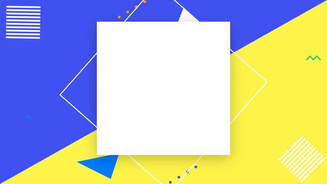 Abstract geometric background with blue and yellow split screen and white square frame