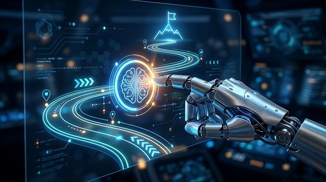 Futuristic robotic hand touching digital roadmap interface, AI business strategy and planning concept, glowing blue technology path to success