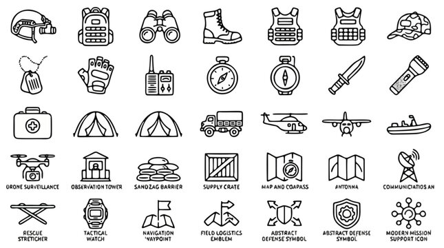 Military tactical equipment icons set, army combat gear and field logistics vector symbols, 35 black line icons for defense and survival