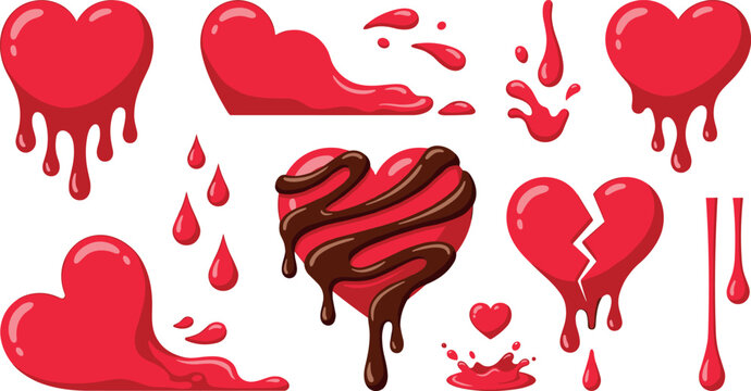 Dripping Red Heart and Melting Chocolate Valentine Vector Set with Broken Hearts Splash Drops and Liquid Puddles for Romantic Greeting Card Designs