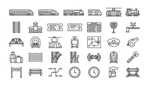 Modern Train Transportation Outline Icons Editable Stroke Railway Linear Vector Illustration