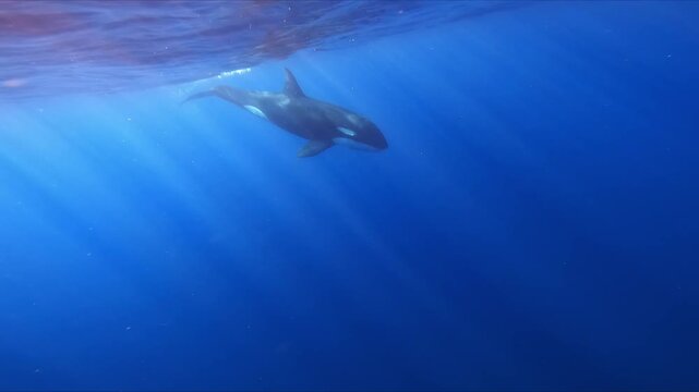 Footage of a single killer whale swimming calmly just beneath the sea surface with clear underwater visibility in La Ventana, Baja California Sur, Mexico.