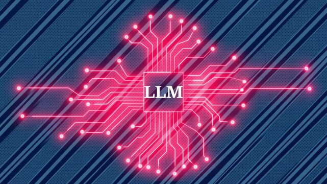 Large language model processor chip glowing on blue digital tech background in motion graphic loop.