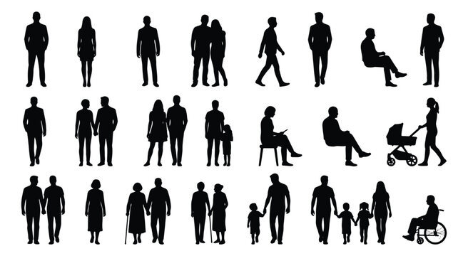 People silhouette collection with 25 diverse figures, black human silhouettes in various poses, architectural scale figures for urban planning and design