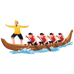 Illustration of Indonesian traditional boat race with rowers on a long canoe for cultural festival and water sport themes. © Space