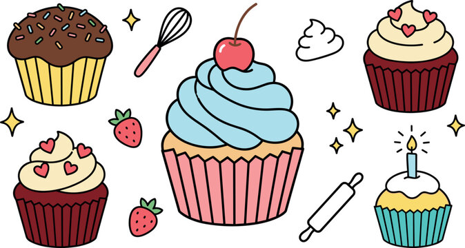 Sweet delicious cupcakes and baking elements set with chocolate frosting sprinkles strawberry cherry candle whisk and rolling pin flat vector illustration isolated on white background