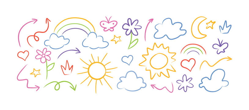 Collection colorful charcoal doodle elements like stars, planets, hearts, crescent moon and smile, PNG.