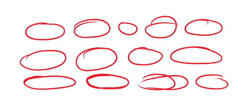 Circular strokes marker felt pen scribbles doodle line collection. Hand drawn outline sketch wave brush circle mark elements rough set for text highlight ovals, PNG.