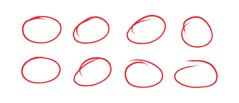 Hand drawn circle marker highlights set, sketchy round doodle frames and borders, red ink scribble circle rings collection, minimalist hand drawn emphasis marks set, PNG.