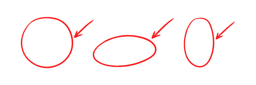 Set of Red arrow circle hand drawn marker highlights on transparent background, PNG.