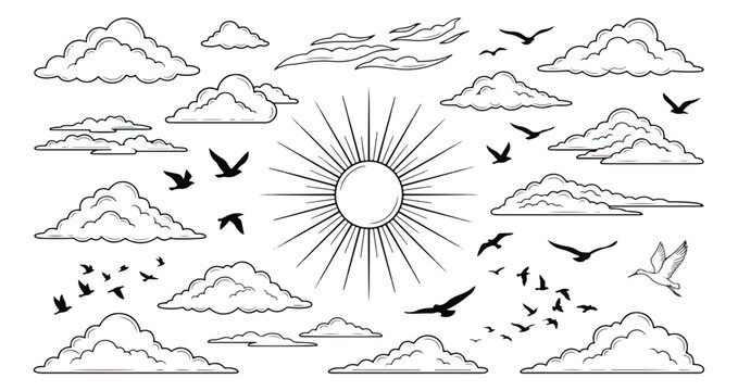 Vintage hand drawn sky elements vector set, engraved sun with clouds and flying birds, retro line art weather icons for landscape design