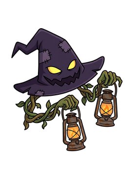 A spooky, cartoonish, sentient witch's hat with glowing yellow eyes and a menacing grin, holding two old-fashioned lanterns.