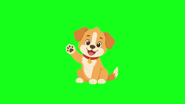 Cute dog waving hello, 2D vector animation, green screen