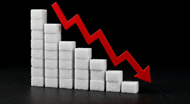 A graph made of sugar cubes displays a downward trend over a black background. A red arrow points down to show the decline clearly. This visual represents decreasing sugar usage.