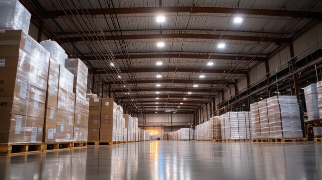 Large Modern Warehouse Interior with Palletized Inventory and Industrial Storage Racks