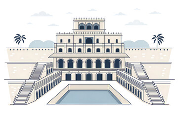Fototapeta premium Modern minimal vector illustration of the Rani ki Vav, isolated on white background, elegant stepwell silhouette, simplified symmetrical steps