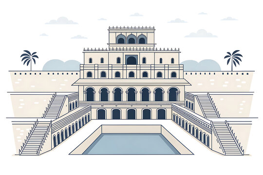 Modern minimal vector illustration of the Rani ki Vav, isolated on white background, elegant stepwell silhouette, simplified symmetrical steps