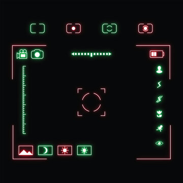 Digital video camera viewfinder screen overlay with glowing green and red neon interface icons on black background