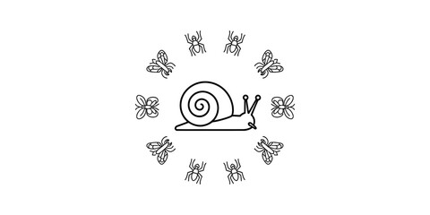 A black and white line art illustration featuring a snail in the center surrounded by small insects and bugs Vector, illustration © Creative_Outline2019