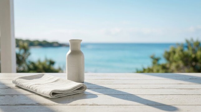Simple white vase and folded cloth on wooden table with blurred ocean background calm sea vista.