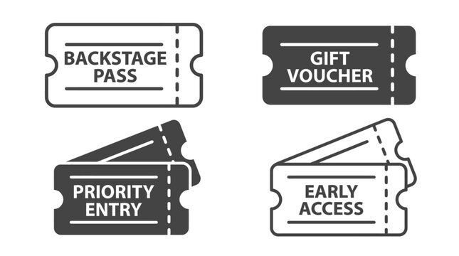 Vector icon collection of exclusive access passes, VIP tickets, event entry vouchers, and priority access symbols, representing premium experiences and special privileges