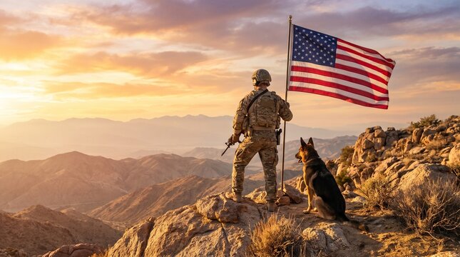 Back of american military man with service german shepherd on the background of the US flag, veterans day
