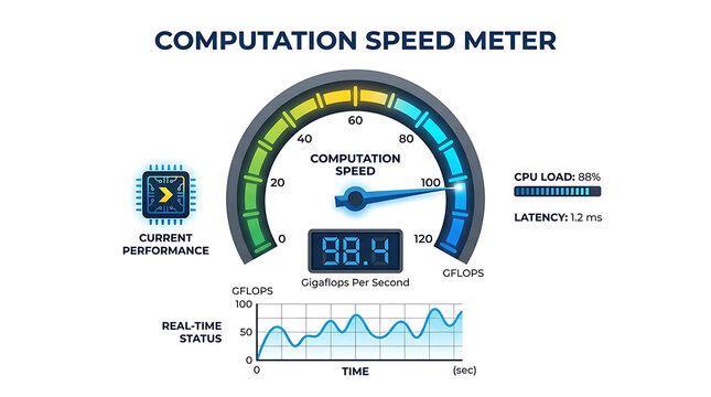 A computation speed meter displays performance metrics on a dashboard with a dial and graph.