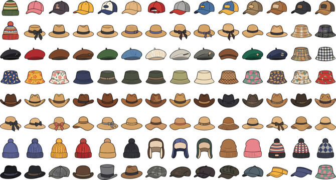 Massive Vector Collection of Headwear Icons Featuring Baseball Caps Cowboy Hats Beanies and Sun Visors for Fashion Retail Outlets and E-Commerce App Designs
