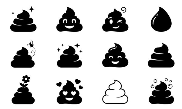 Caca vector silhouette black poop collection of funny faces. Cute dark feces shape icon set with sparkles and flies illustration.