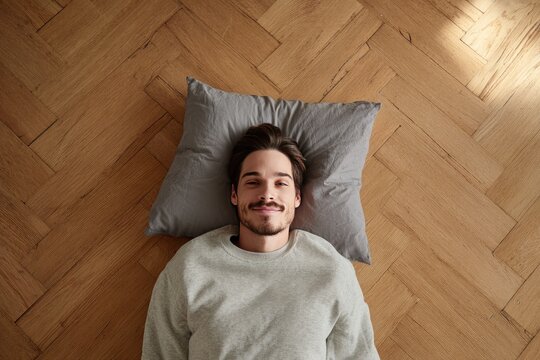 Man Relaxing on Floor Pillow Smiling Upwards