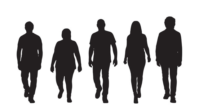 Silhouettes of a diverse group of five casual people walking forward together on a white background.