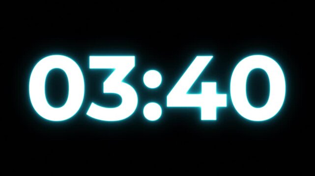 neon 4 minute countdown animation from 240 seconds to 0 seconds on a transparent background, Neon two minute countdown timer with alpha channel