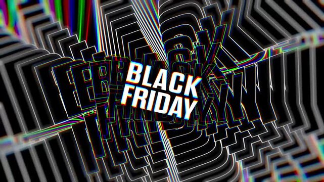 Dynamic black friday text animation with glitch effect and abstract background motion.