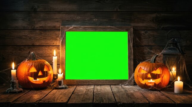Halloween jack-o-lanterns surround green screen frame. Spooky carved pumpkins with candles.