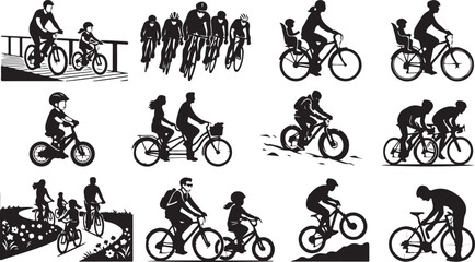 Obraz premium Collection of black silhouettes showing people riding bicycles, including families with children, tandem bikes, mountain bikers, and racing cyclists in various outdoor settings and riding positions