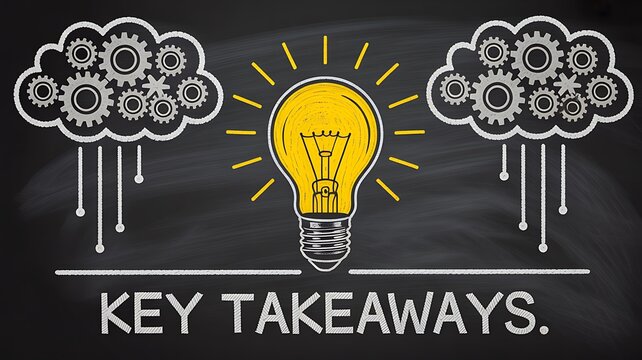 Key takeaways concept with glowing light bulb and creative business ideas illustration