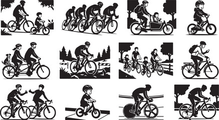 Naklejka premium Set of black and white depicting various cycling activities, including family bike rides, road racing, mountain biking, tandem cycling with a dog, and children learning to ride