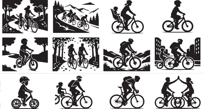 Set of black and white silhouettes depicting people riding bicycles, including families, children on training wheels, mountain bikers, and urban commuters in various outdoor and city environments