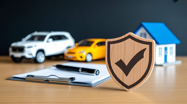 Vehicle and home insurance protection concept with shield and policy document